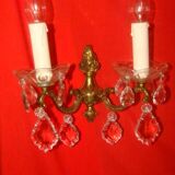 pair of bronze and crystal wall lights with 2 arms
