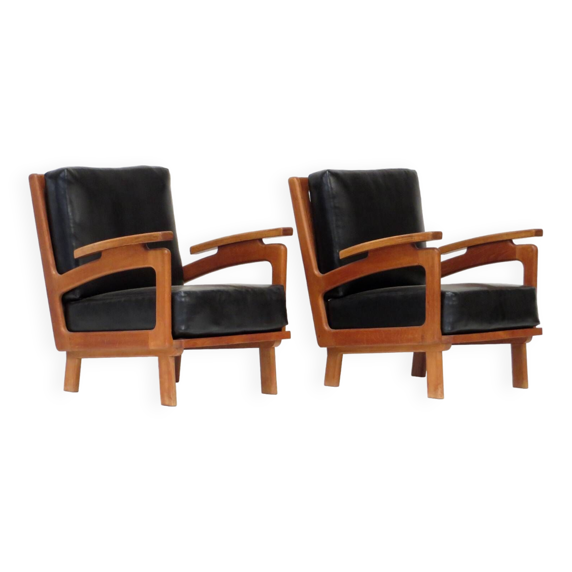 Ensemble de deux fauteuils lounge vintage en cuir noir et structure en chêne, 1960-70