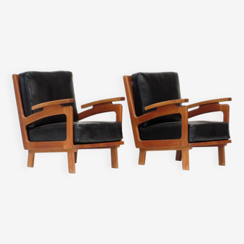 Ensemble de deux fauteuils lounge vintage en cuir noir et structure en chêne, 1960-70