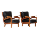 Ensemble de deux fauteuils lounge vintage en cuir noir et structure en chêne, 1960-70