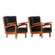 Ensemble de deux fauteuils lounge vintage en cuir noir et structure en chêne, 1960-70