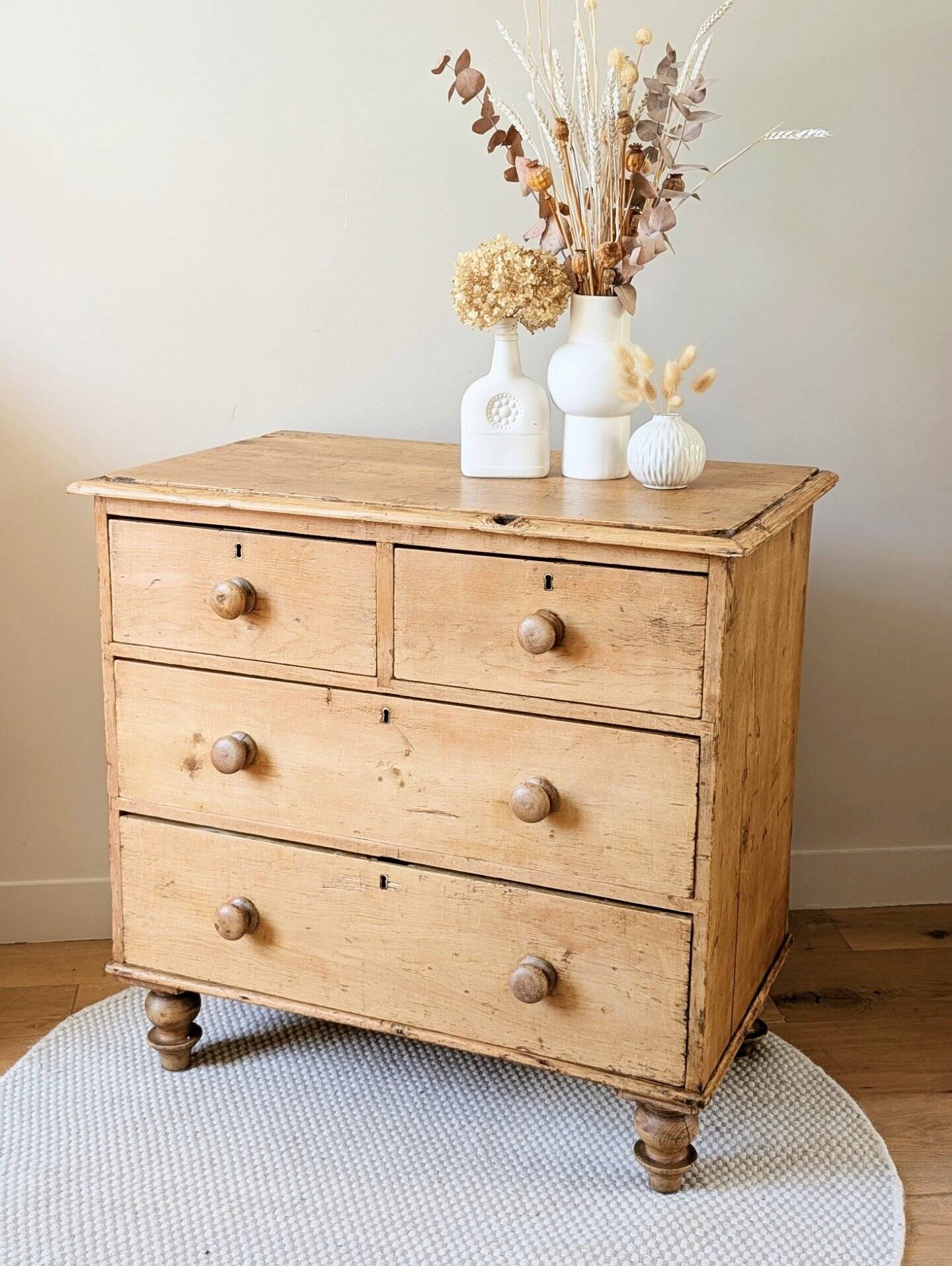 Renovated antique English solid pine chest of drawers.