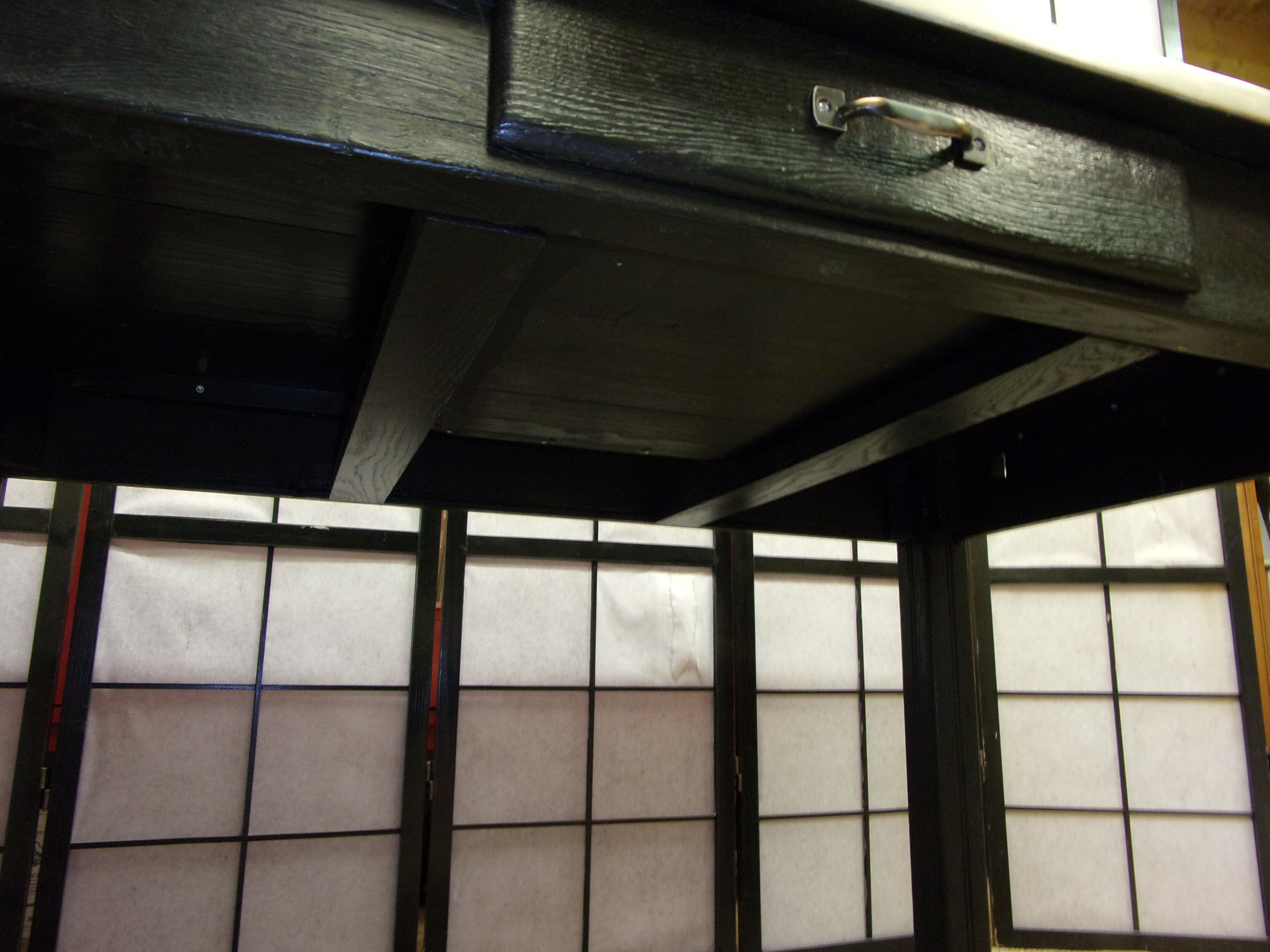 Farm table, dining, oak and pine patinated black and pale yellow