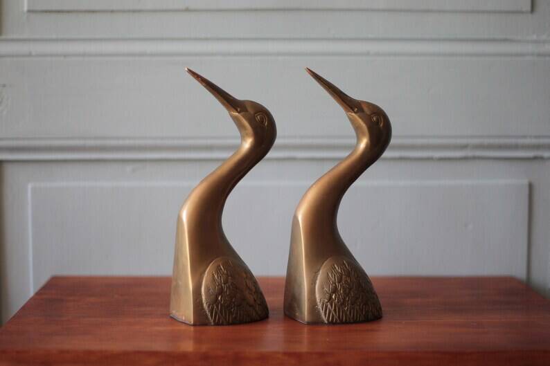 Vintage bookends, animal bookends, heron head, bird, brass sculpture, interior decor.