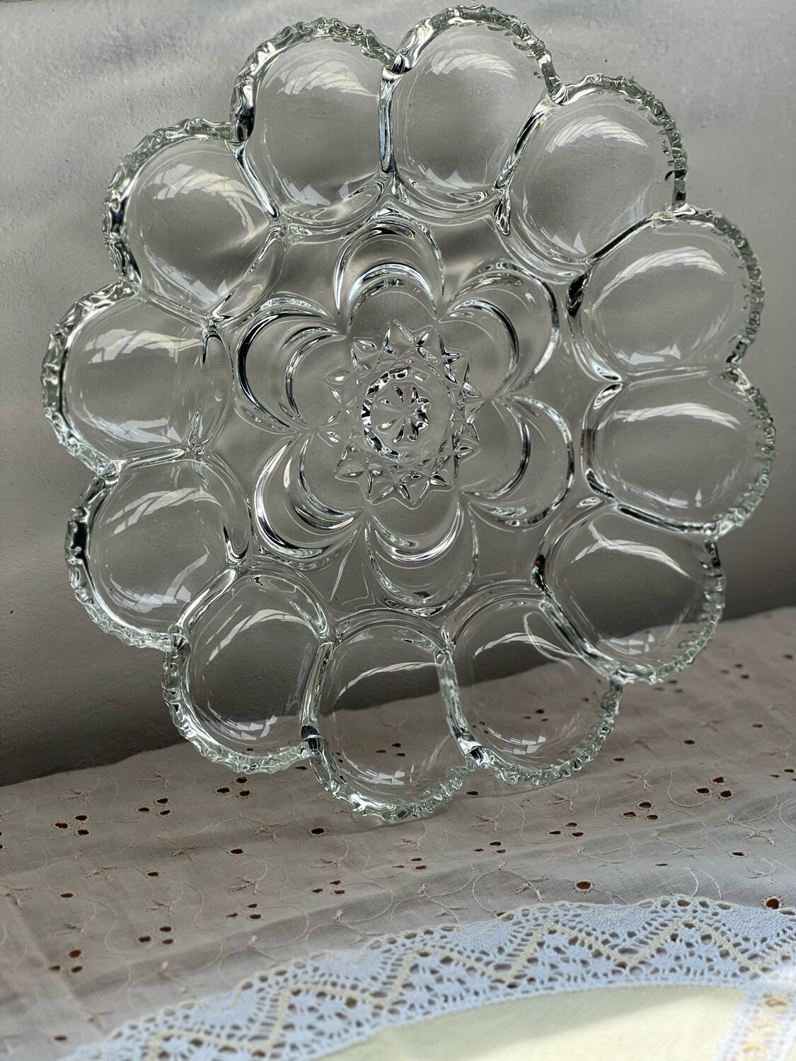 Crystal glass egg dish/tray by August Walther Glass
