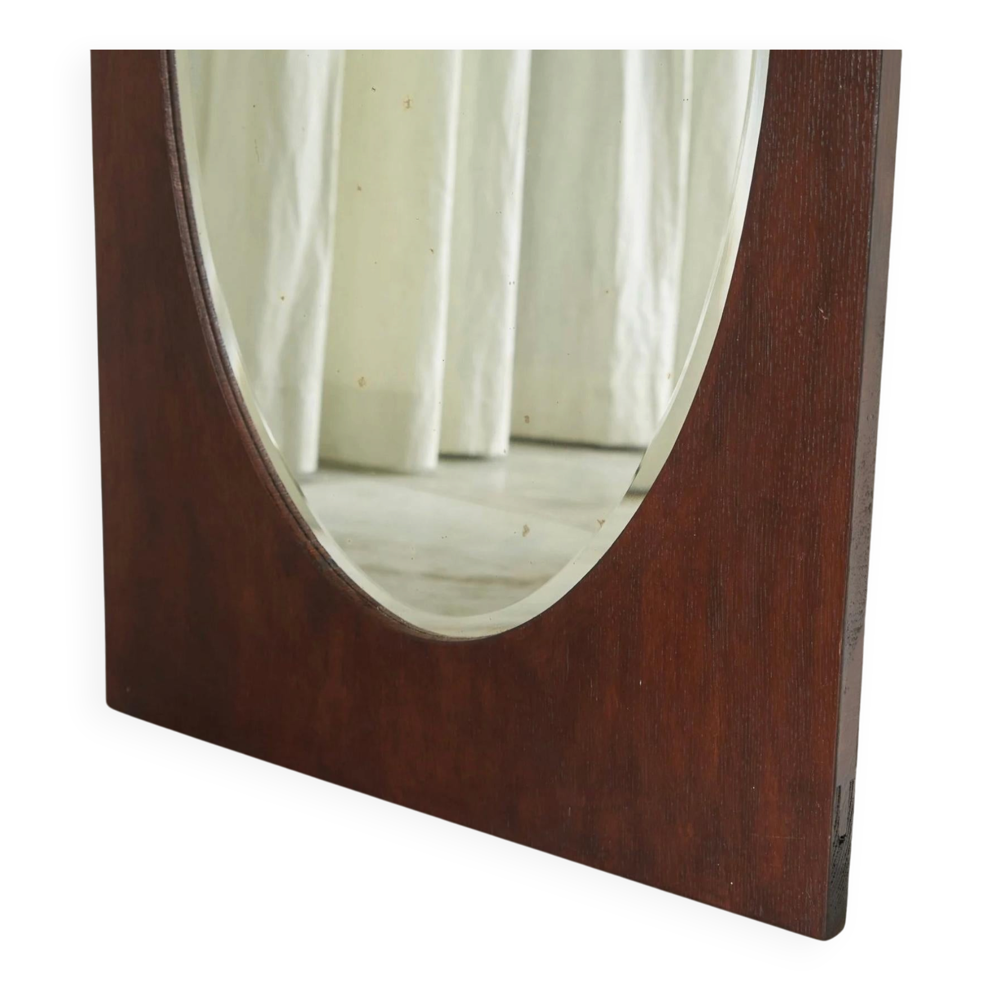 Faceted oval mirror with rectangular oak frame from the 1920s.