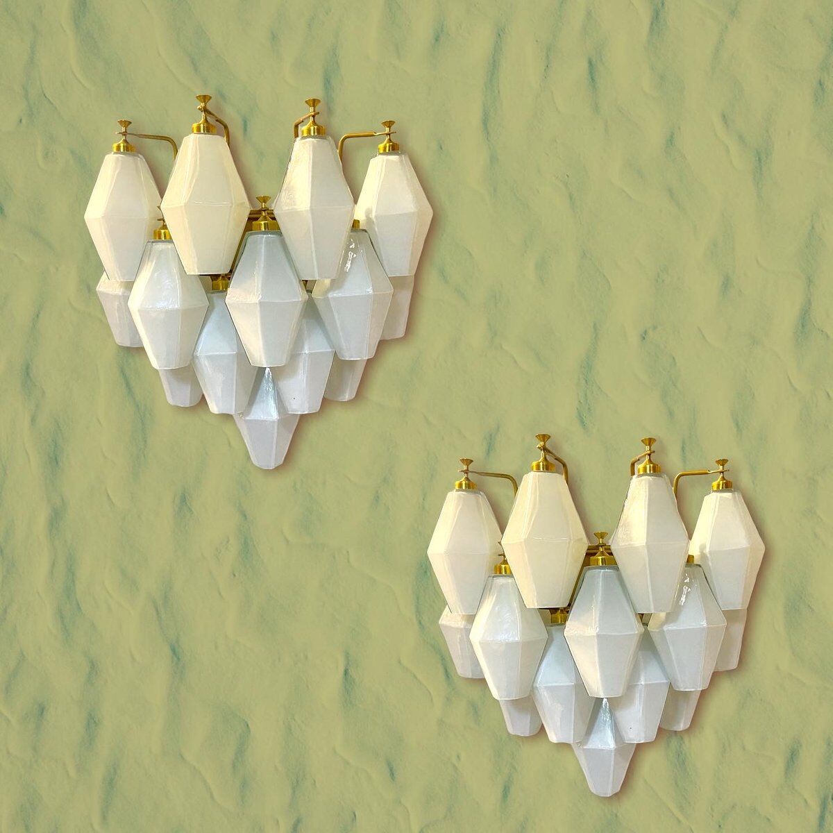 Italian White Opaline Glass Polygon Sconces, Set of 2