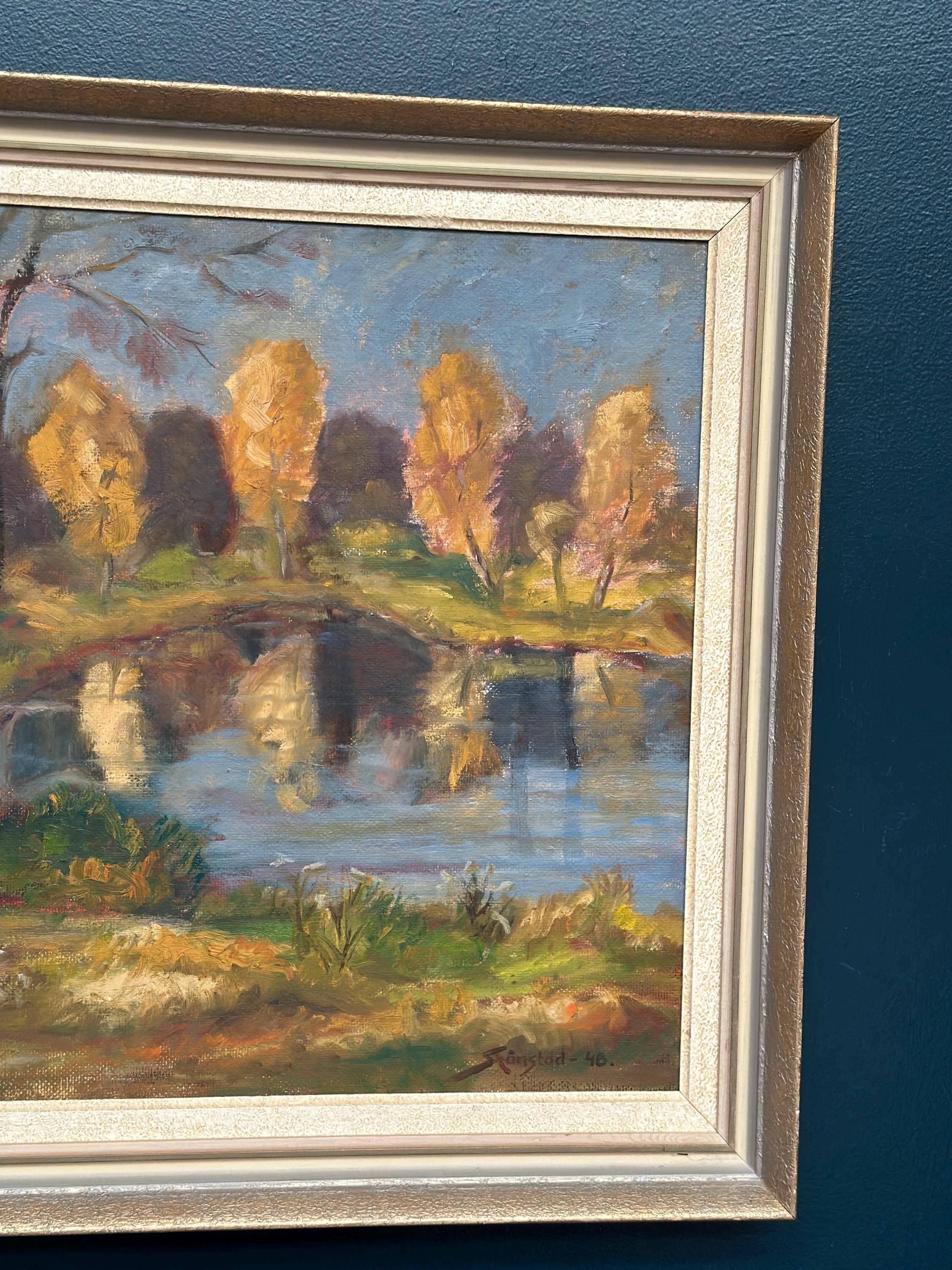 Original Swedish Oil on Panel – “Autumn Landscape” by Skänstod – Dated 1948