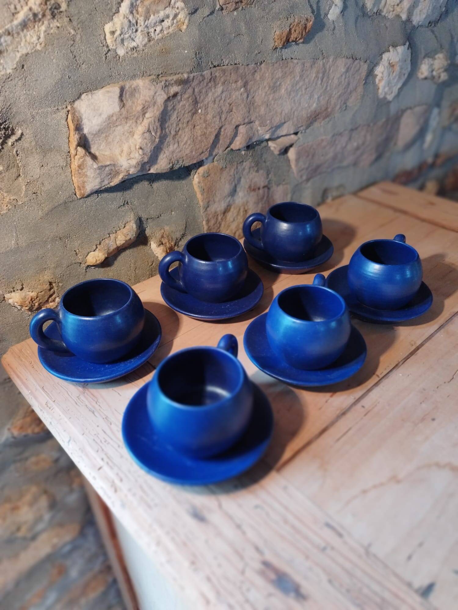 Set of 6 dark blue cups and saucers Charles Voltz Vallauris