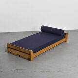 Wooden bench with midnight blue fabric, France, circa 1955