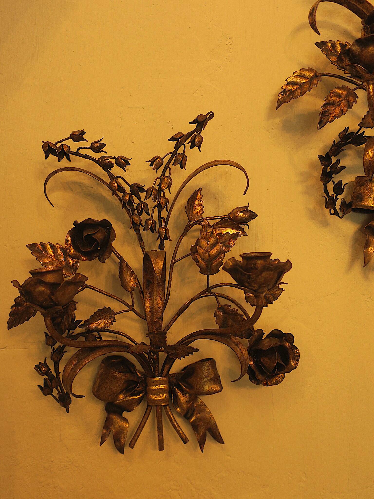 Pair of gold plated wall double candleholders with roses by Hans Kögl, 1960