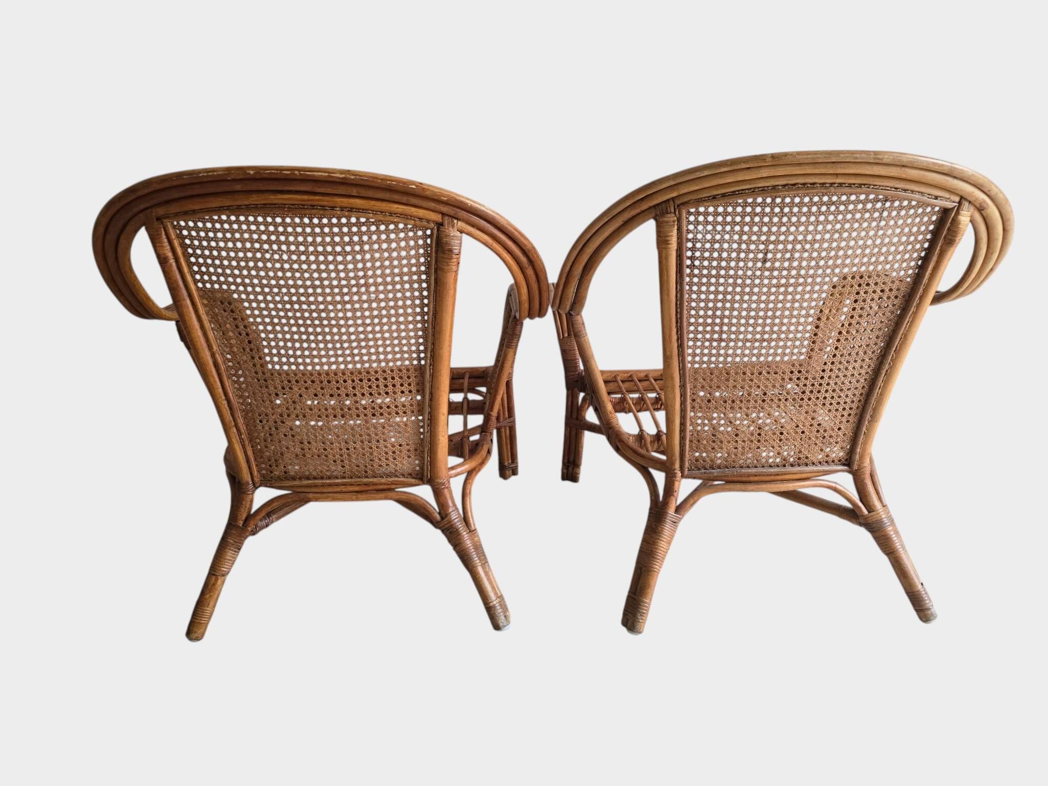 Pair of vintage rattan and cane armchairs – 1960s/70s Pair of f