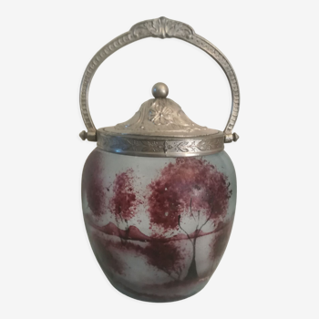 Signed frosted and enameled glass cookie bucket