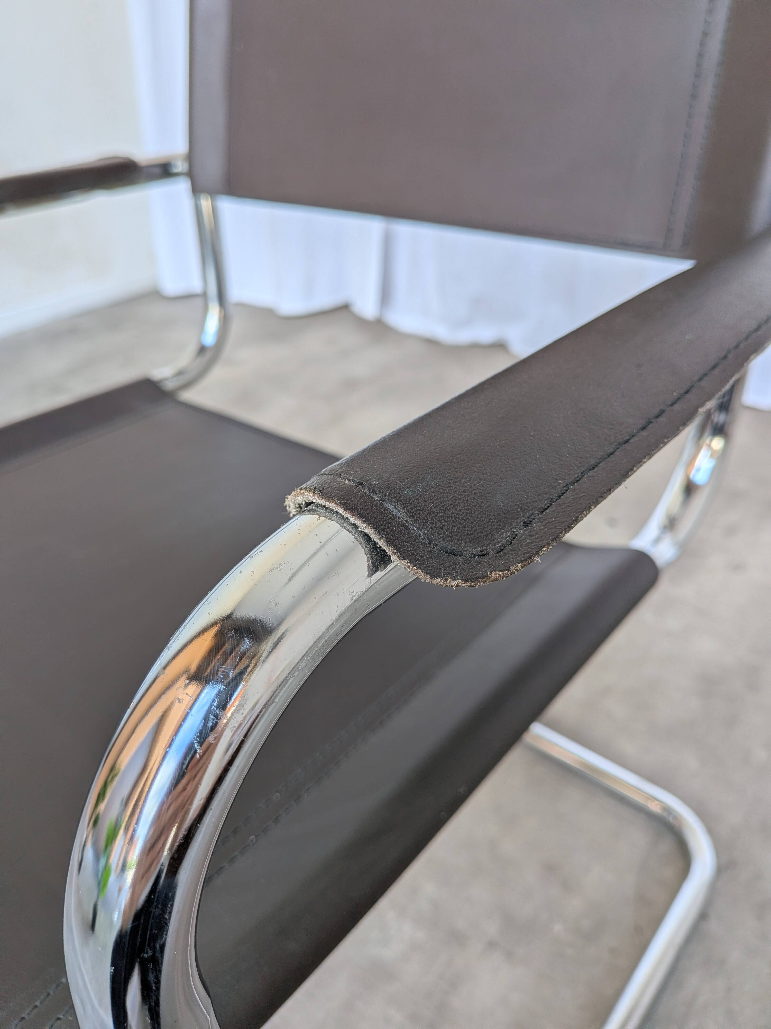 Vintage Mart Stam Style Armchair: Dark Brown Faux Leather Chrome Cantilever