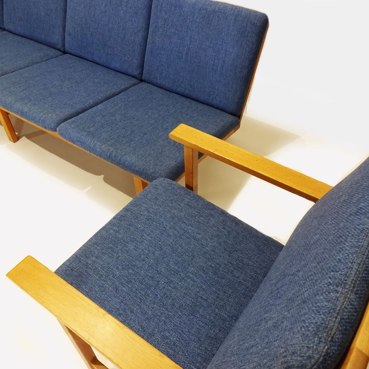 Børge Mogensen 4 seater oak bench sofa and two armchairs