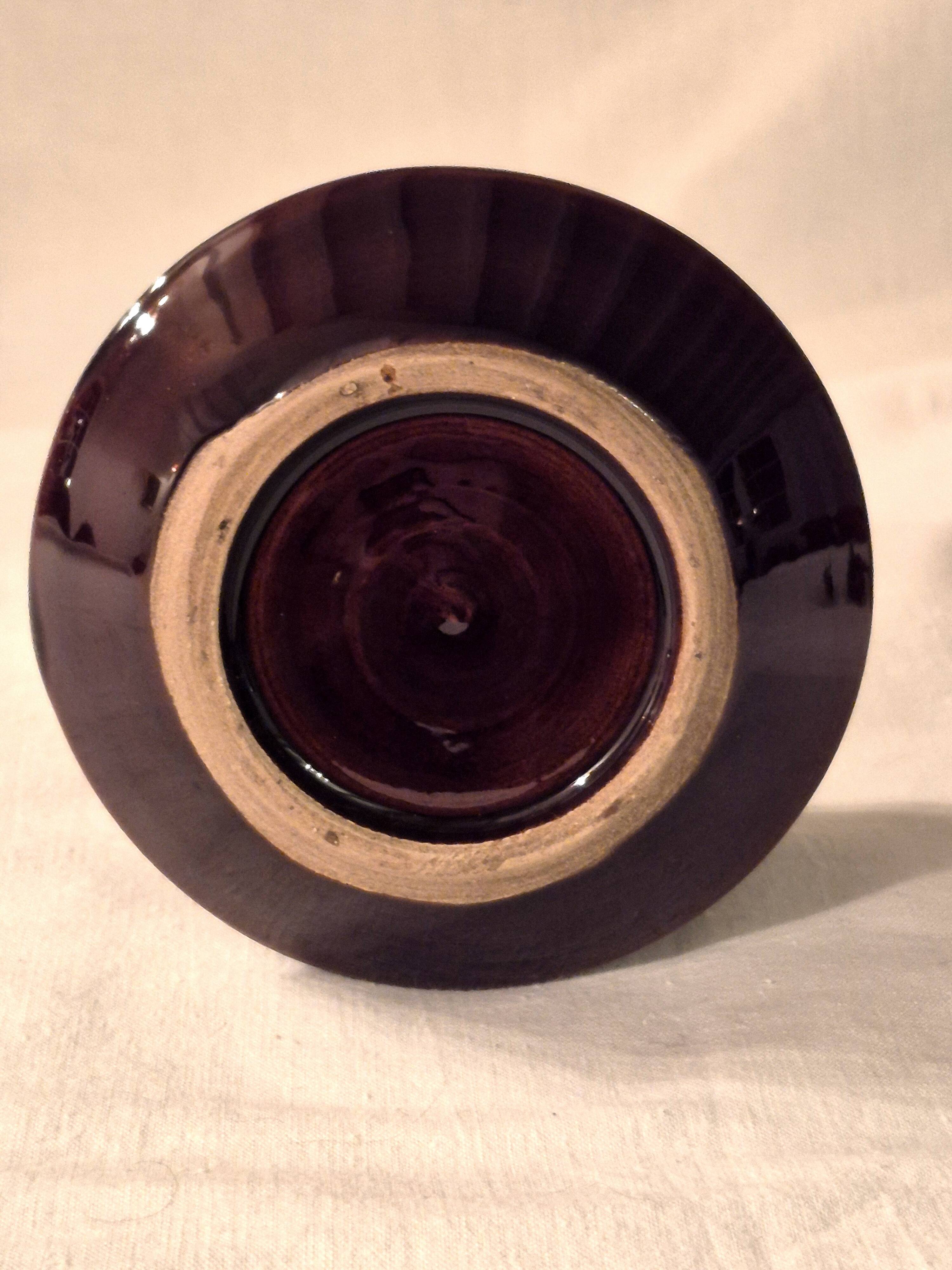 Covered sugar bowl Vallauris glazed ceramic brown old pink A152-3