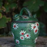 Vintage gargoulette, jug, green painted pitcher with daisy patterns