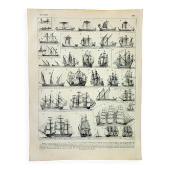 Gravure ancienne 1898, Bateau à voile et navire 1 • Lithographie, Planche originale