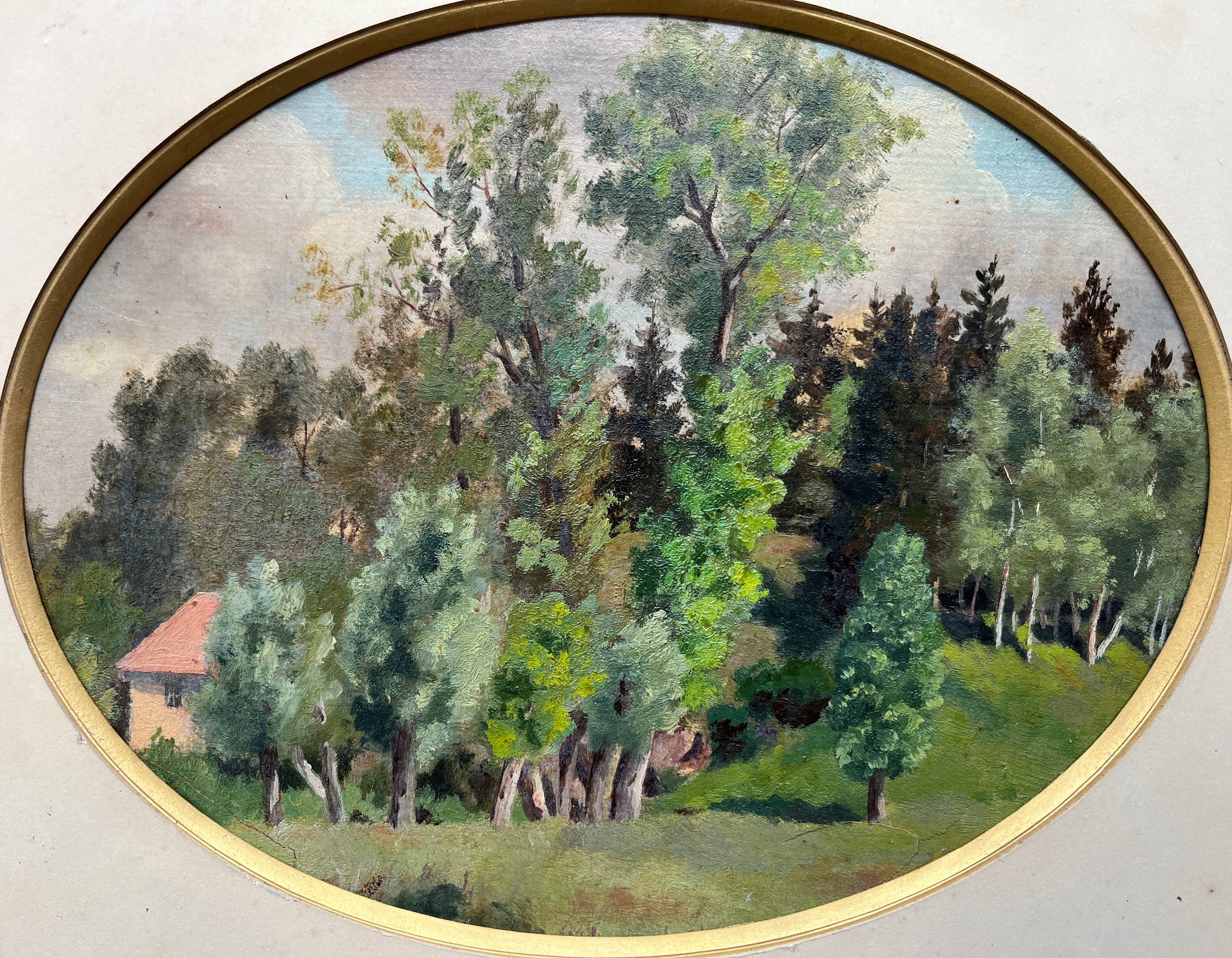 Tableau HSP "Paysage de forêt avec maison" XIX° siècle