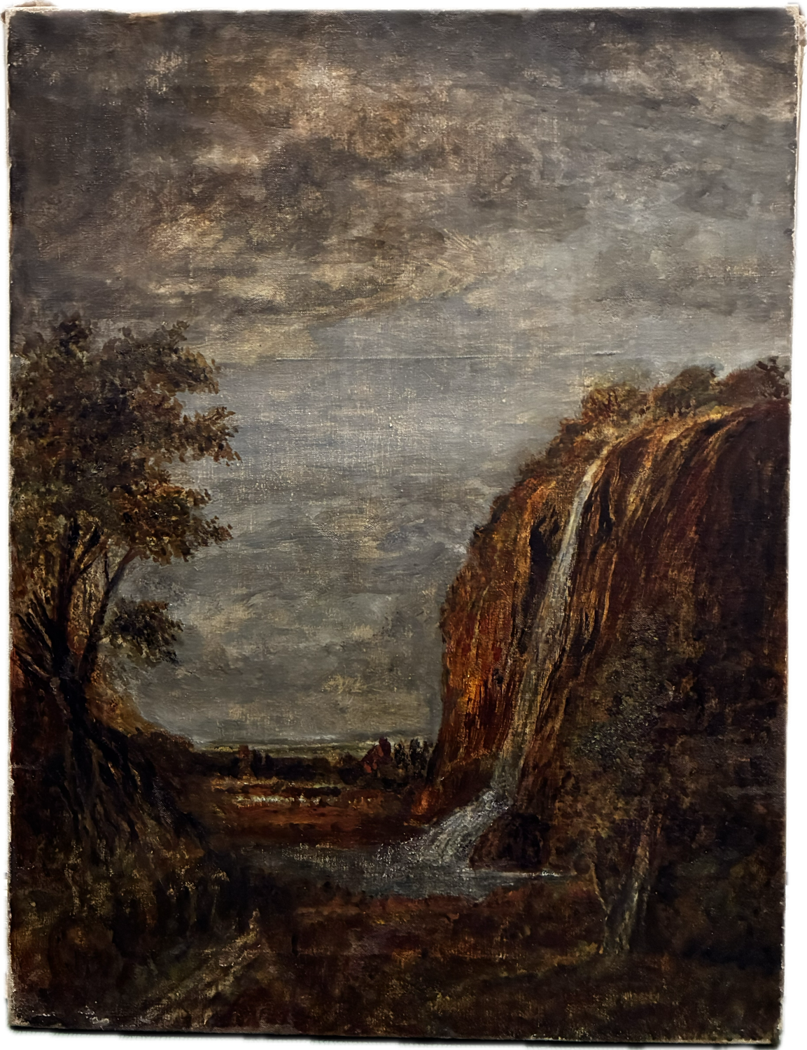Antique painting of a waterfall landscape 20th century