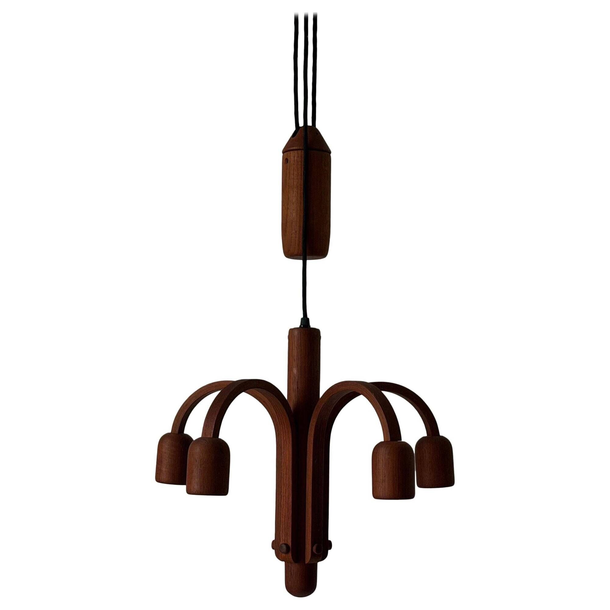 Suspended Sputnik counterweight lamp with 5 arms in teak by Domus, 1970s, Italy.