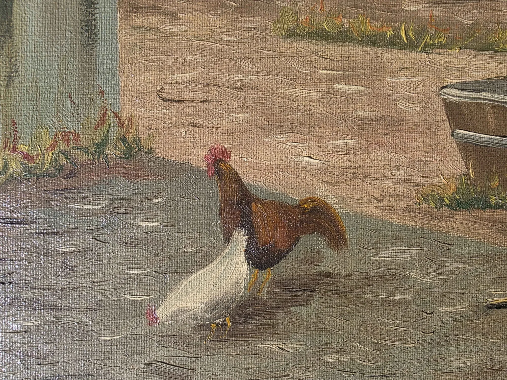 Vintage Oil Painting - Sunlit Farmyard with Chickens