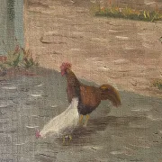 Vintage Oil Painting - Sunlit Farmyard with Chickens