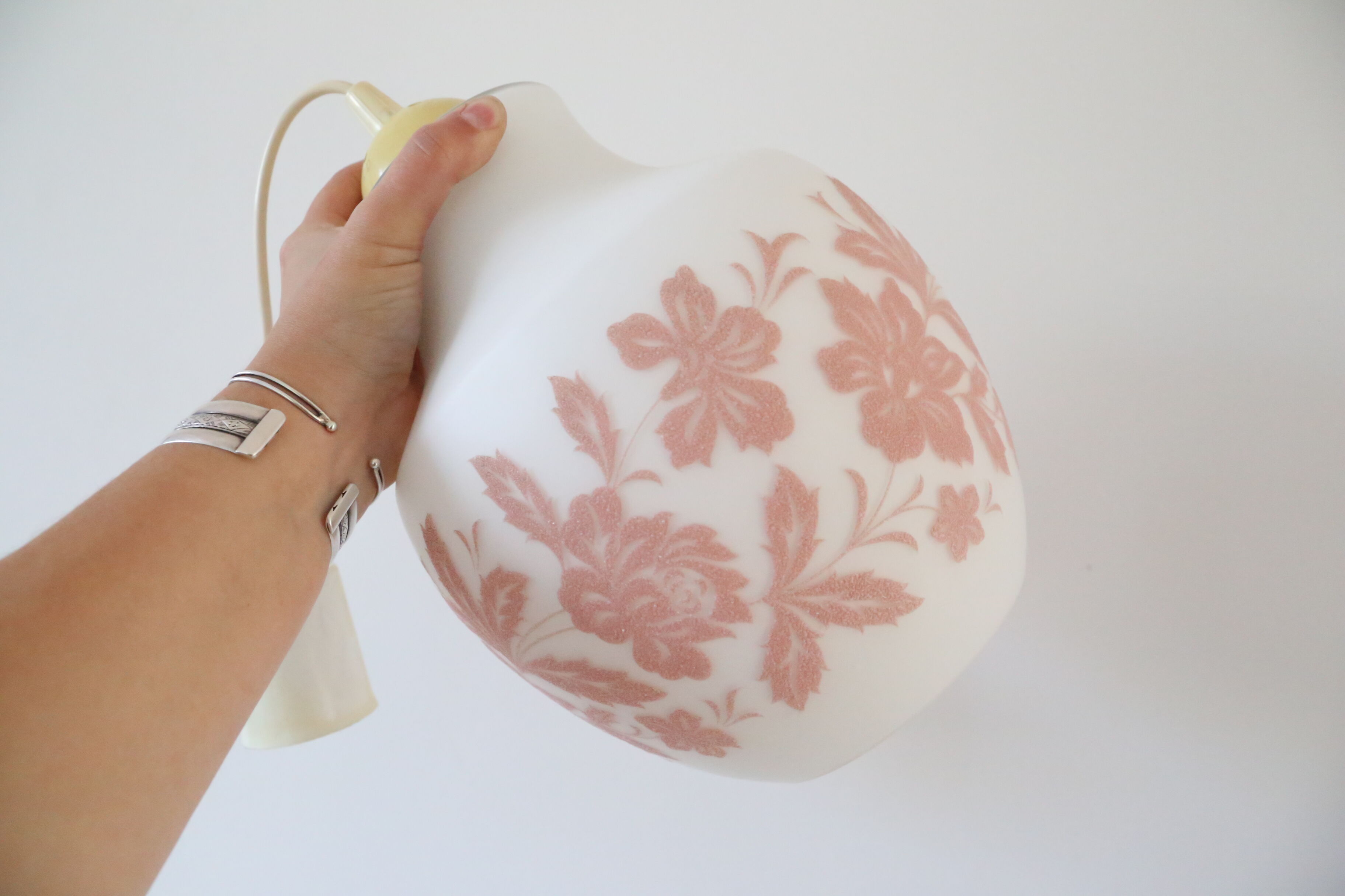 Hanging lamp in white opaline and pink granite décor, 60s, vintage