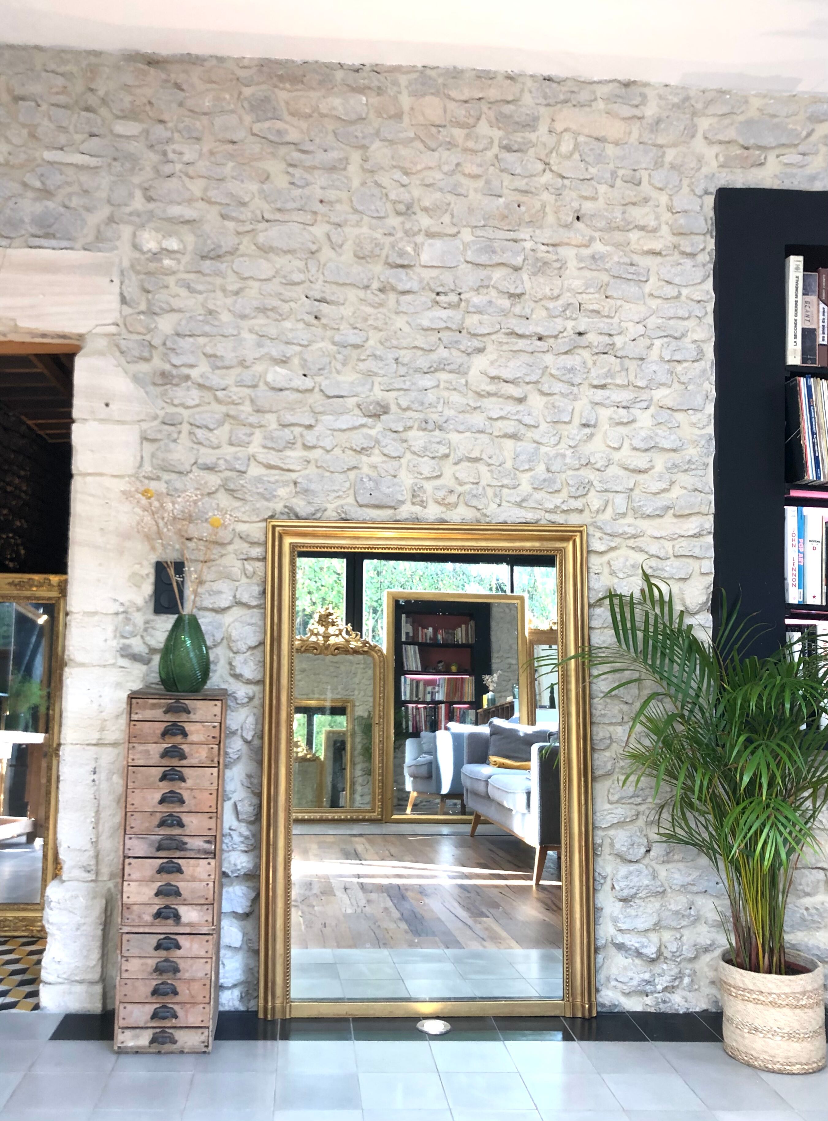 Old fireplace mirror 144cm/97.5cm, pearled, late 19th century, gilded with pricked ice leaf.