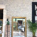 Old fireplace mirror 144cm/97.5cm, pearled, late 19th century, gilded with pricked ice leaf.