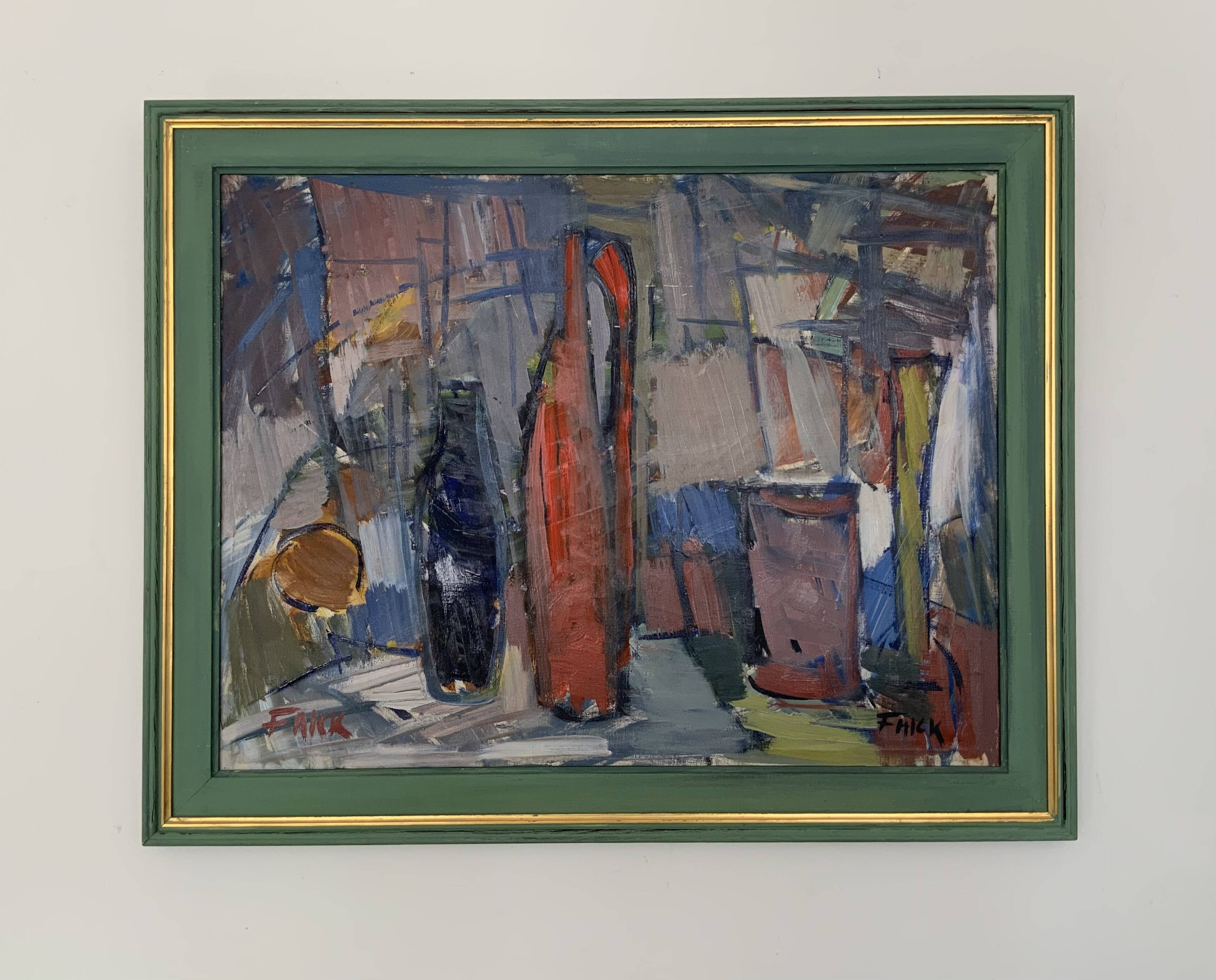 Vintage Modernists Oil Painting Still Life With Red Bottle, Signed Falck