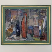 Vintage Modernists Oil Painting Still Life With Red Bottle, Signed Falck