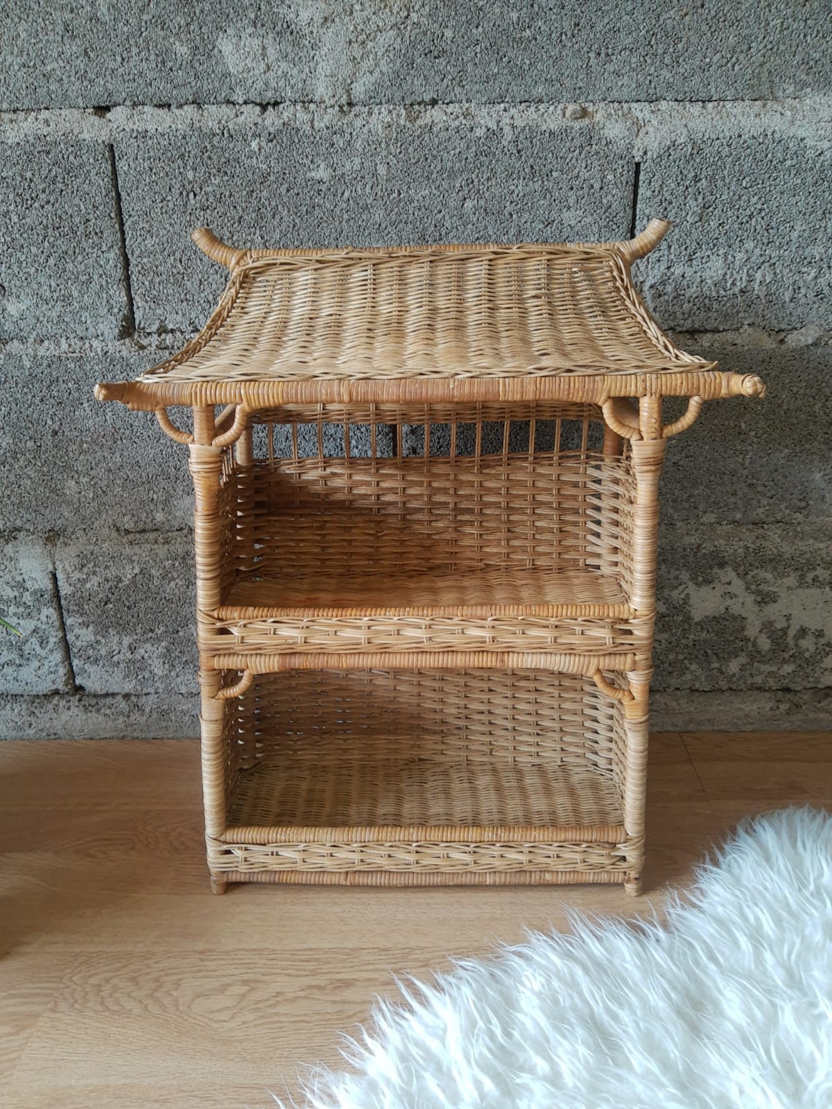 Wall shelf or to be placed in unique Japanese style rattan vintage pagoda