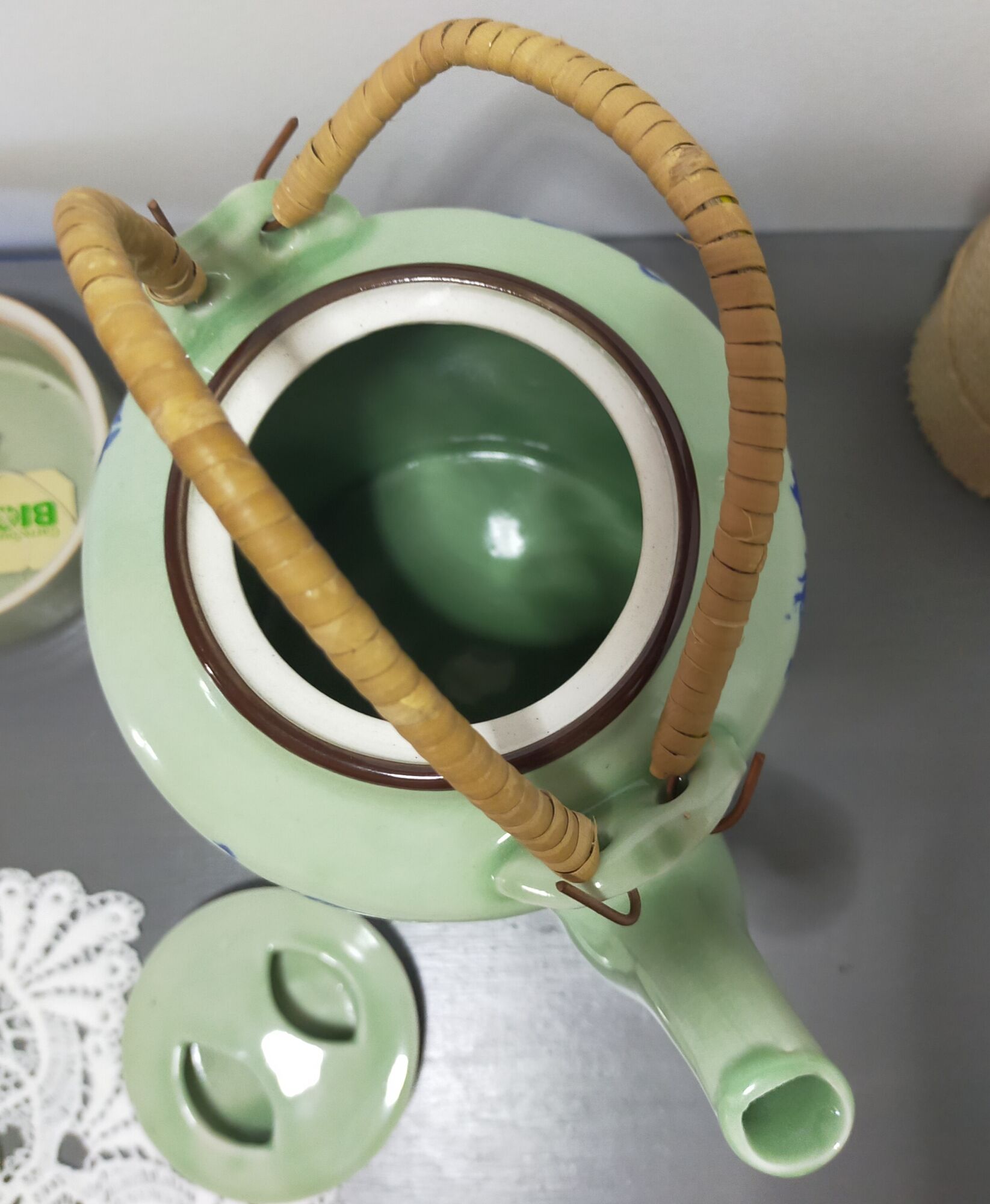 rare green celadon teapot ancient dragons or phoenix decoration with glaze and wicker handles signed /th