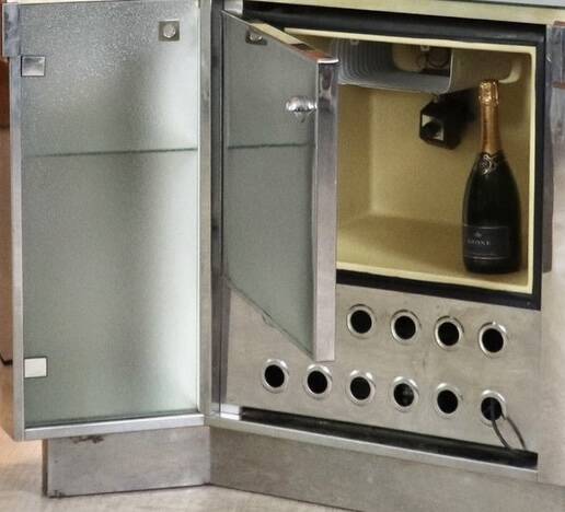 Suede and chrome bar with cognac-colored bar stools, Italy, 1970s