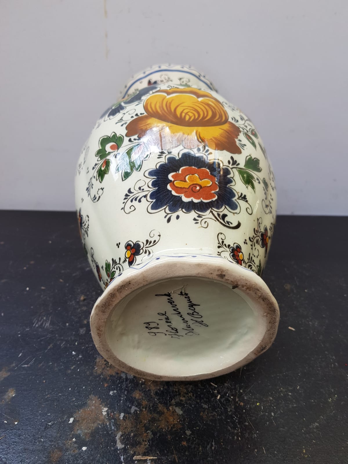 Old vase h becquet ceramic décor flowers made in belgium vintage