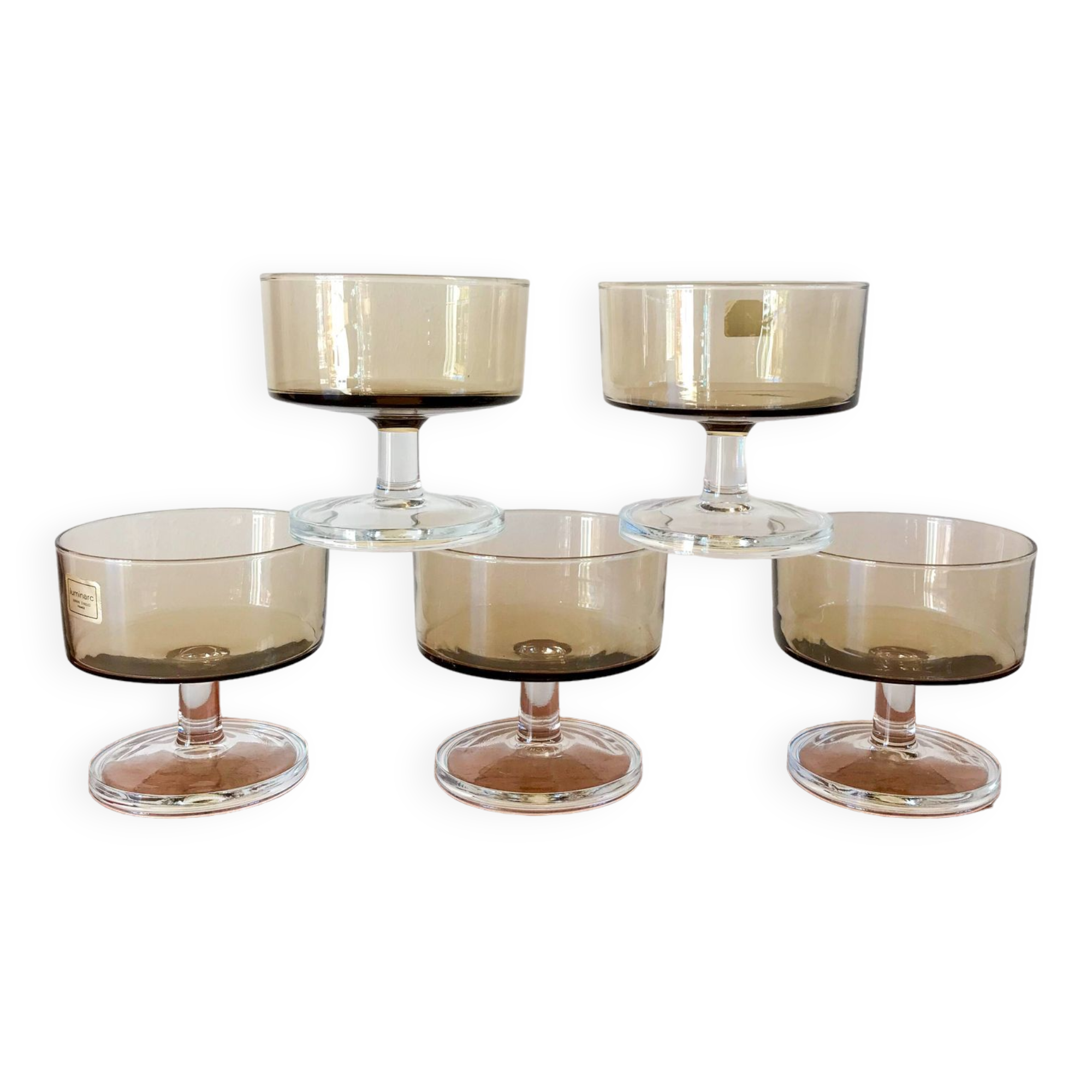 Set of 5 70s luminarc smoked glass champagne glasses