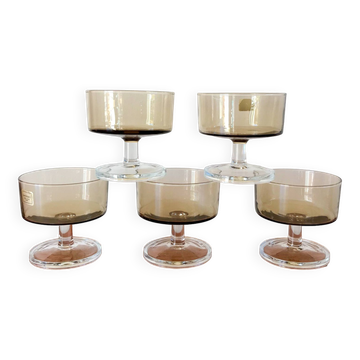 Set of 5 70s luminarc smoked glass champagne glasses