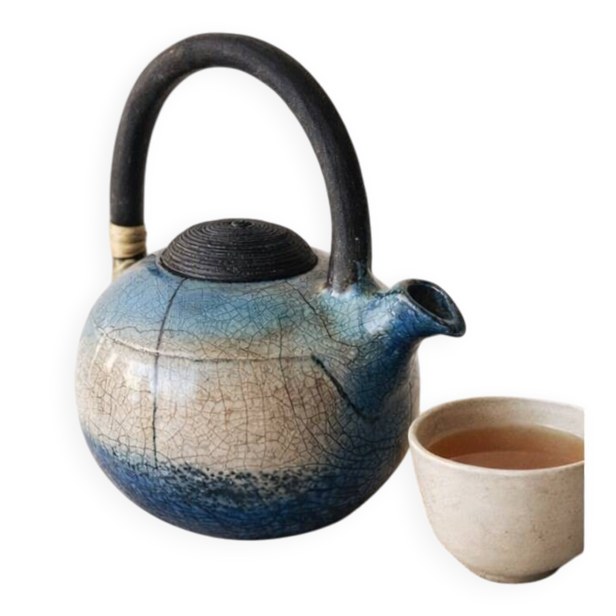 Handcrafted blue raku ceramic teapot – high handle Japanese design