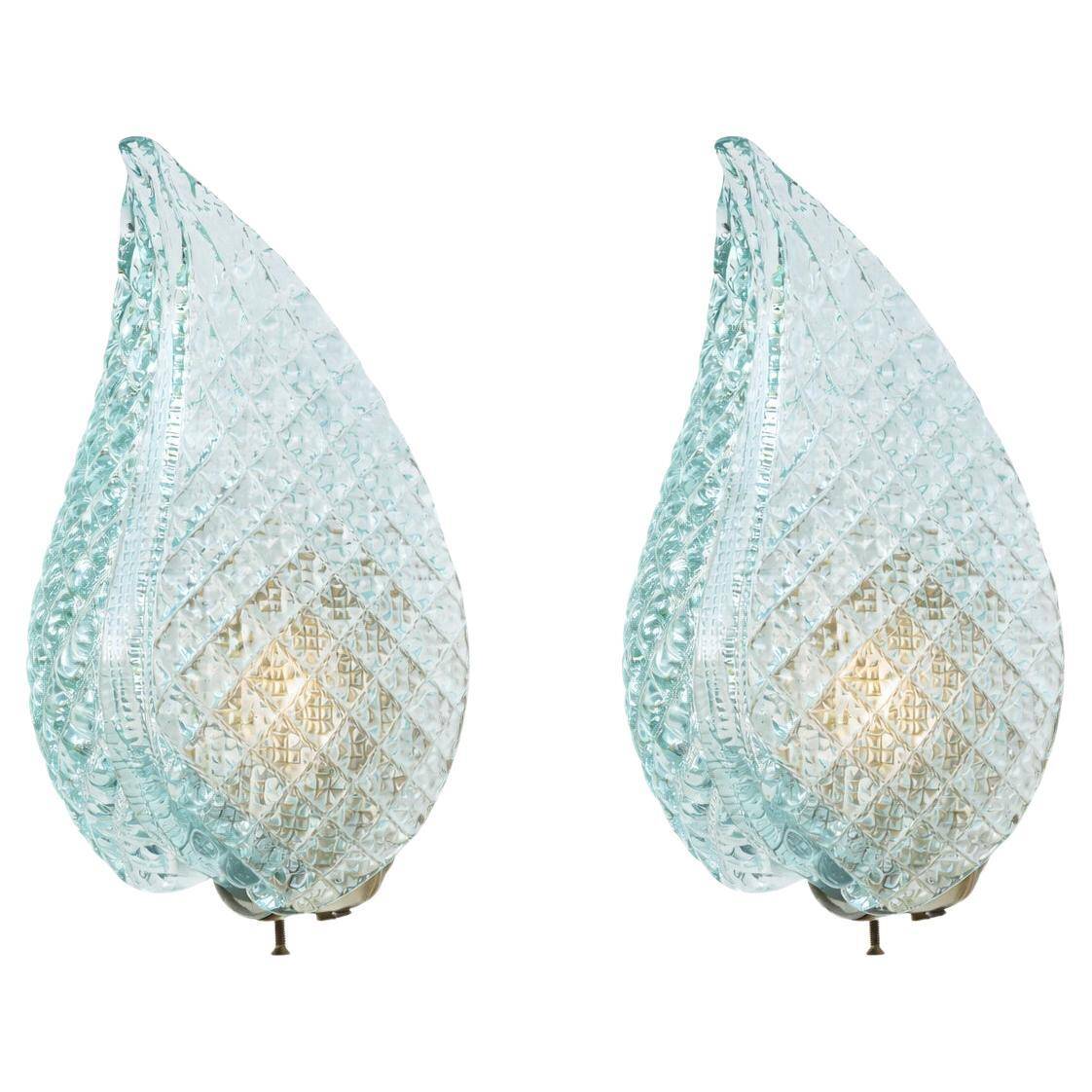 Set of 2 Rare Wall light Blue Jewel Murano Glass Leave by Barovier e Toso, 1950s
