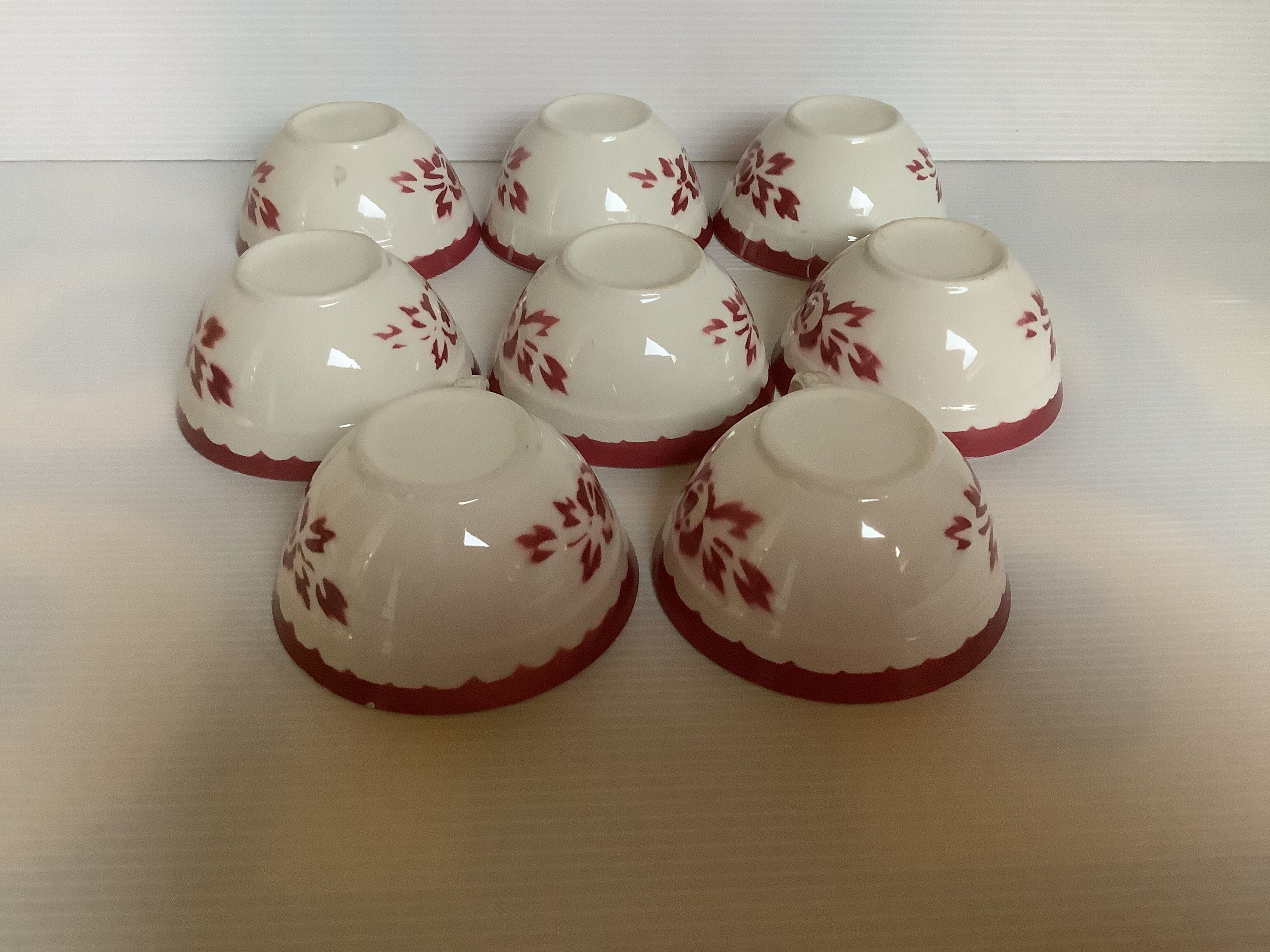 8 old earthenware cups with garnet flowers stenciled