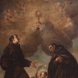 Antique Italian painting of adoration of friars with cherubs 17th century