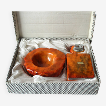 1960s orange onyx hand carved smoker set in original box -vintage ashtray, cigarette box and lighter