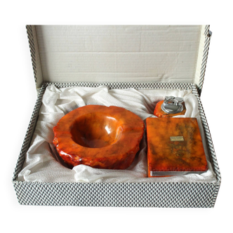 1960s orange onyx hand carved smoker set in original box -vintage ashtray, cigarette box and lighter