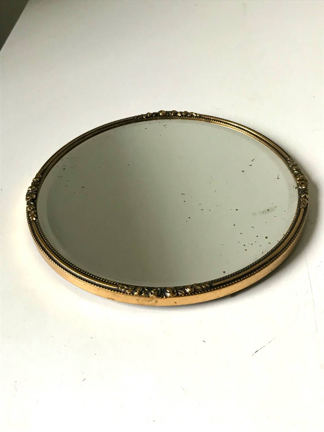 Antique Beveled Mirror with Metal frame Gold colored brass 14 cm diameter