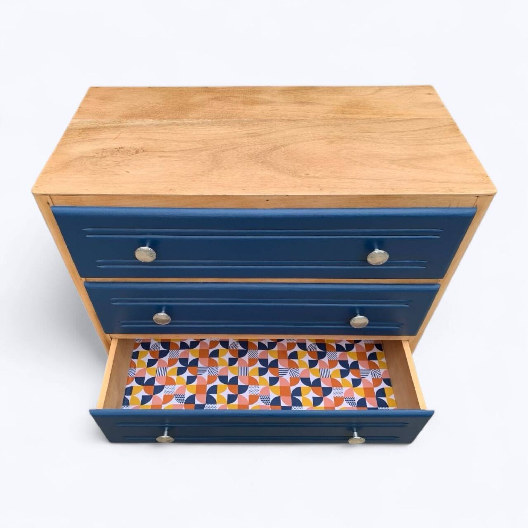 Art Deco chest of drawers in raw wood and blue, 1940