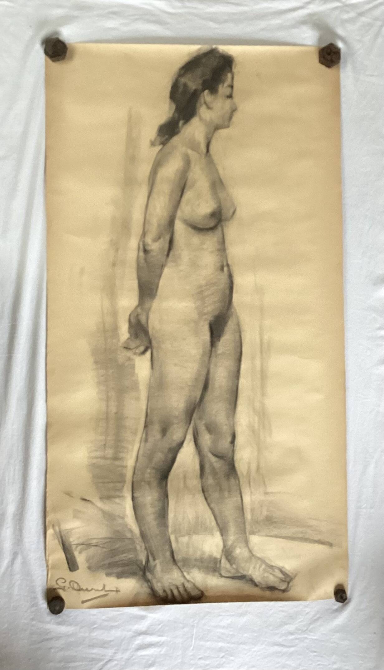 Large drawing of a nude woman signed around the 1940s dimension: height -150cm- width -80cm-