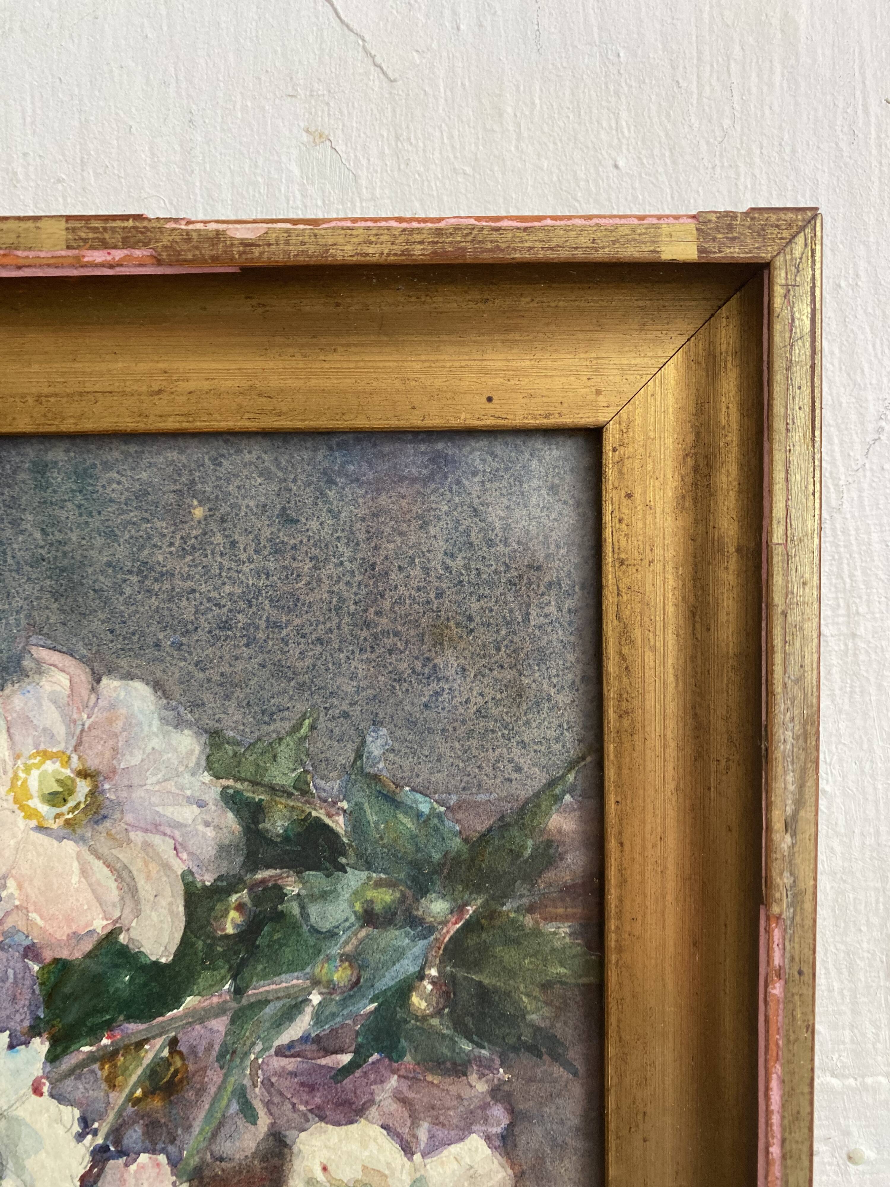 Aquarelle fleurs d'hellébores encadrée G. Mocquart