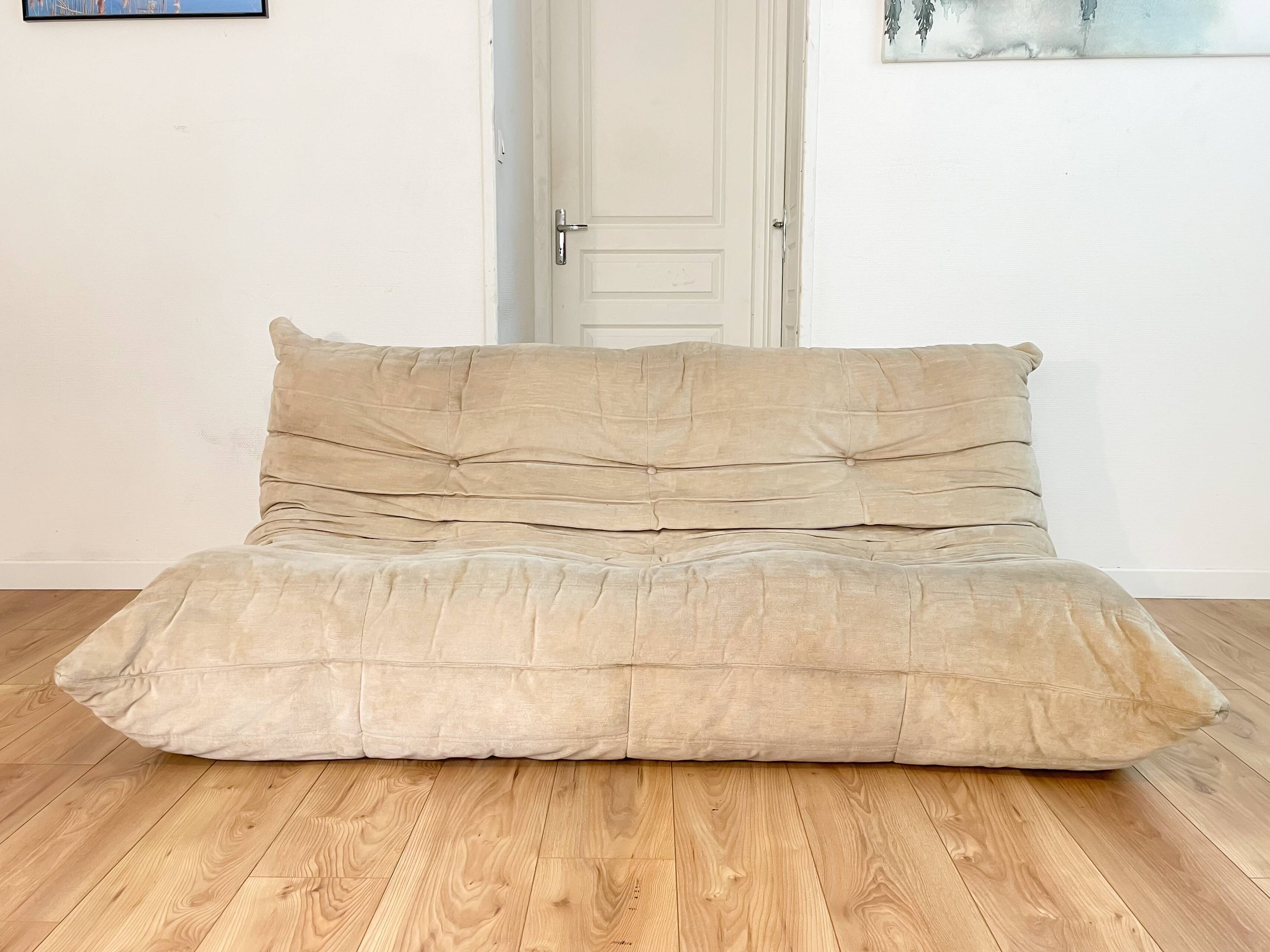 Togo sofa 3 places by Michel Ducaroy in beige velvet