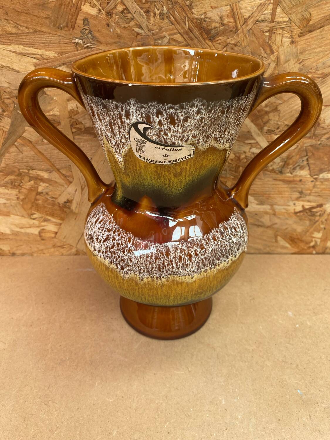 Ancien vase sarreguemines céramique marron moucheté vintage